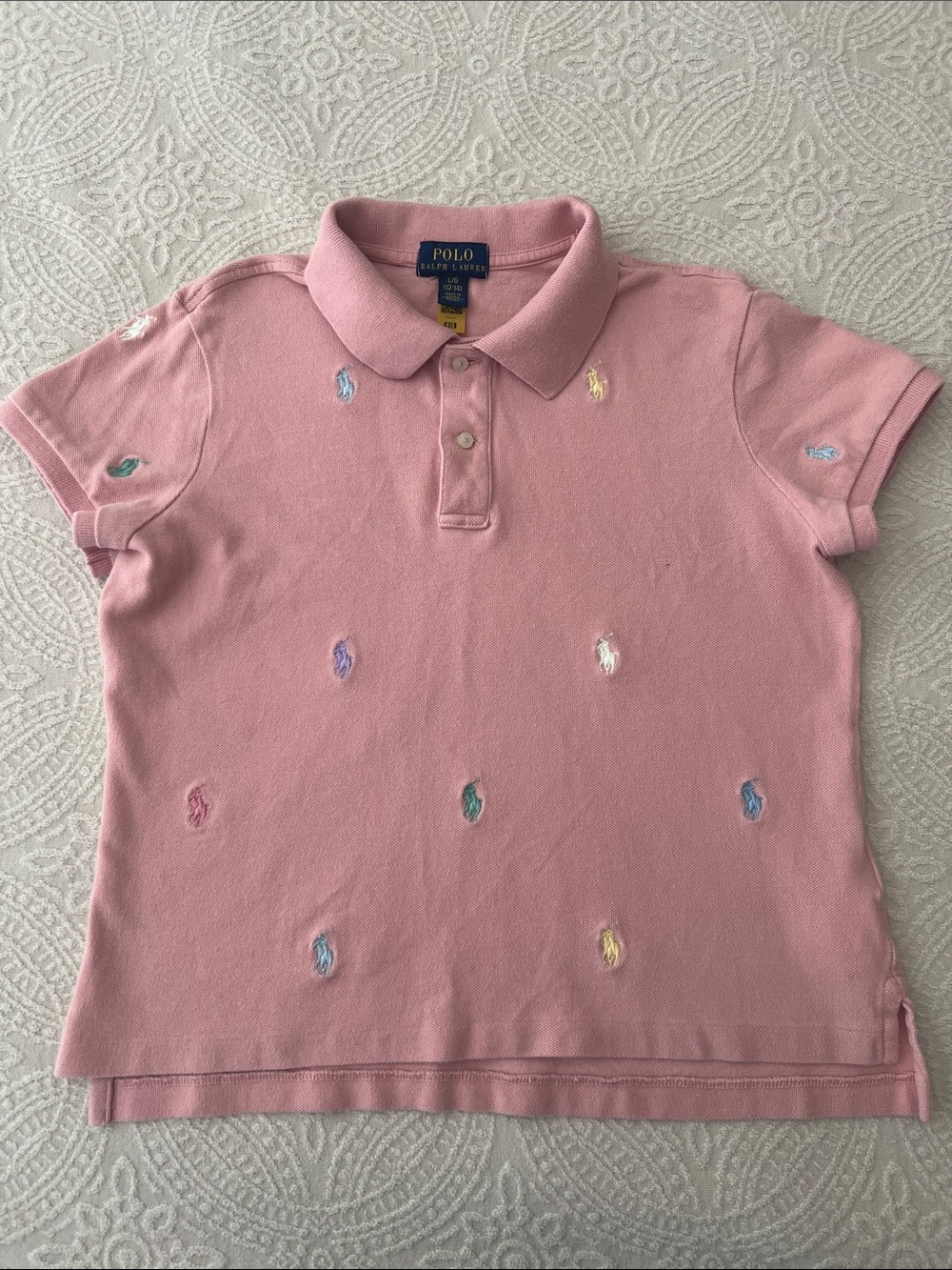 Polo Ralph Lauren Girls Pink Polo Shirt Multicolor Pony Embroidery Size L 10/12